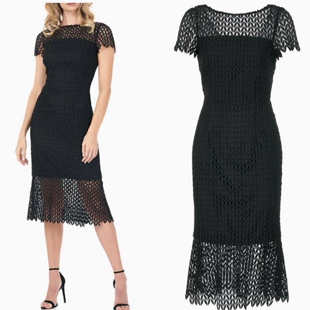 Kay Unger Tatum Floral Lace Midi Dress Black Classic Classy Old Money NWT Size 4